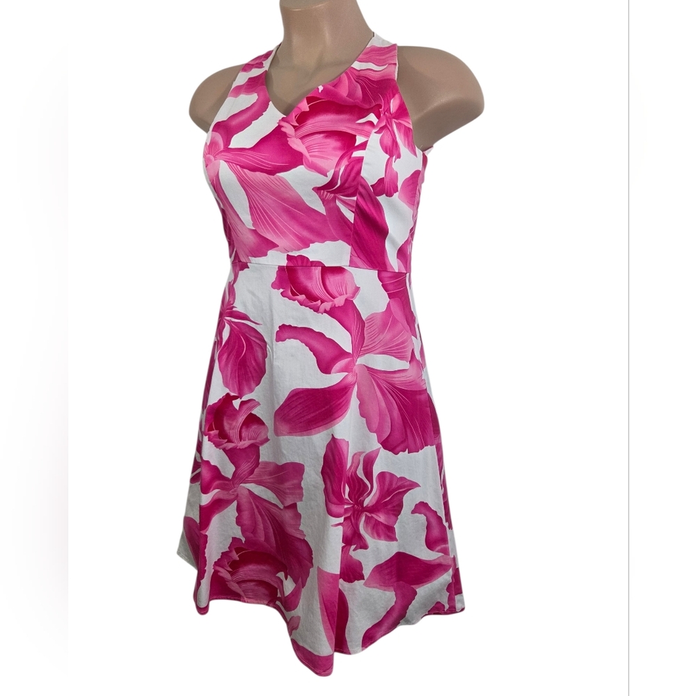 Sheri Martin Pink White Floral Keyhole Fit And Flare Petite Midi Dress Pre-Owned - Picture 3 of 9
